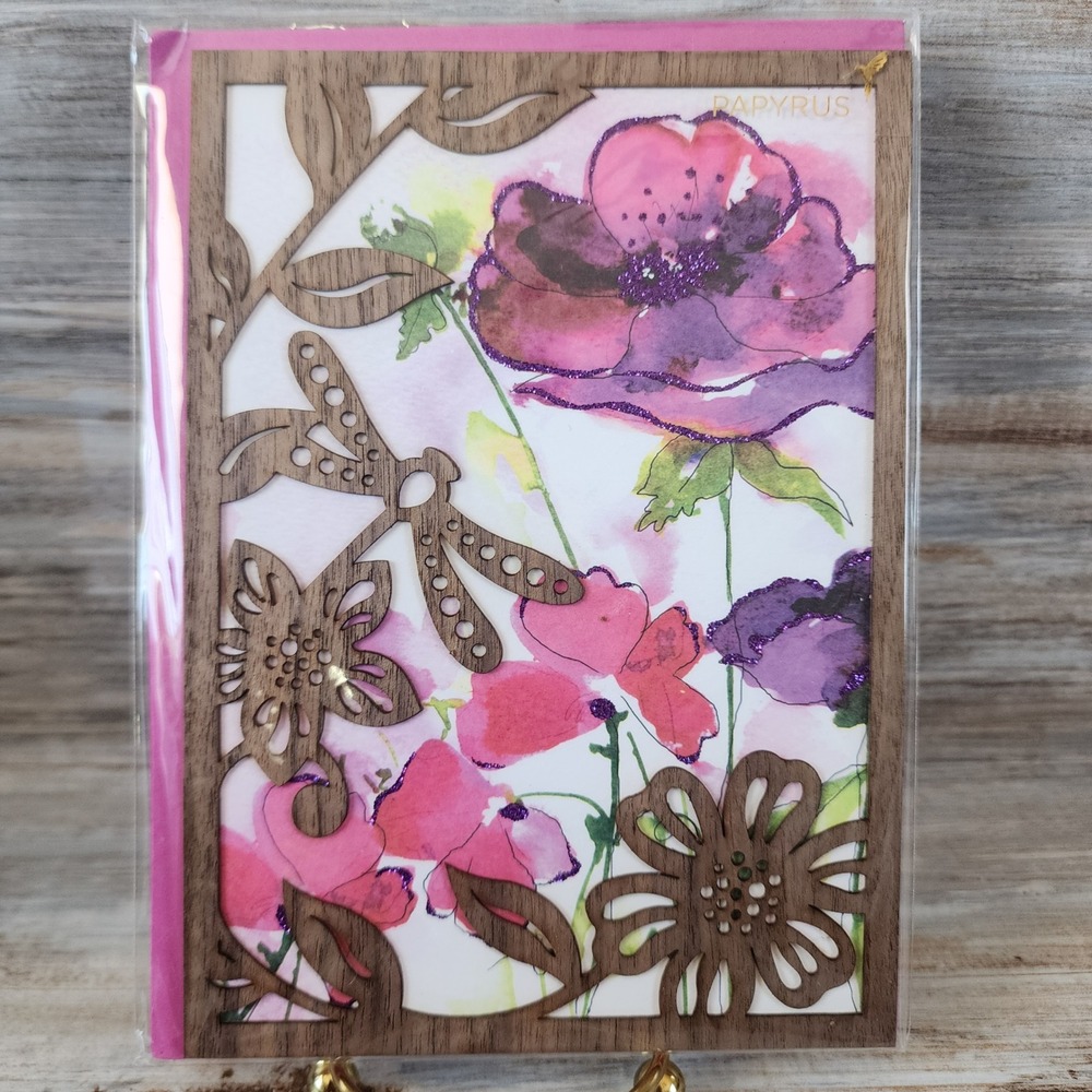 Papyrus Laser Cut Wood Floral Dragonfly Watercolor Greeting Card Vicky Pugh